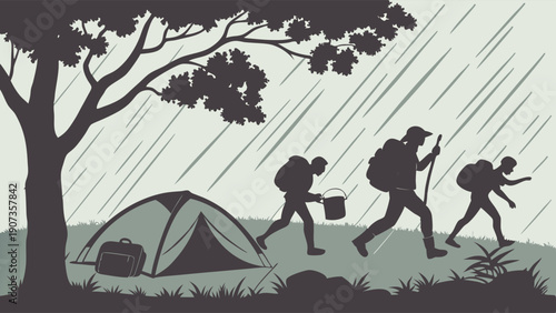 Hikers Backpacking Through Heavy Rainstorm Seeking Shelter Near Tent for Outdoor Adventure Survival Illustration