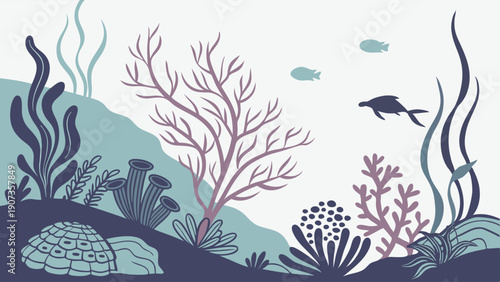 Underwater Seaweed Coral Reef Scene for Nature Education Brochures Ocean Ecology Website Background Calm Aquatic Life Illustration