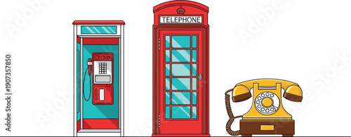 Vintage telephone communication illustration featuring classic phone booth, British red telephone box, retro rotary desk phone isolated vector design collection