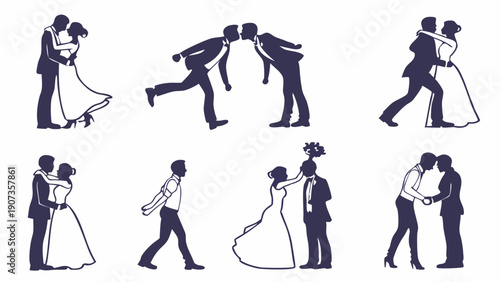 Diverse Wedding Couple Silhouette Set Celebrating Love Romance for Invitations Design and Marriage Celebration Graphics