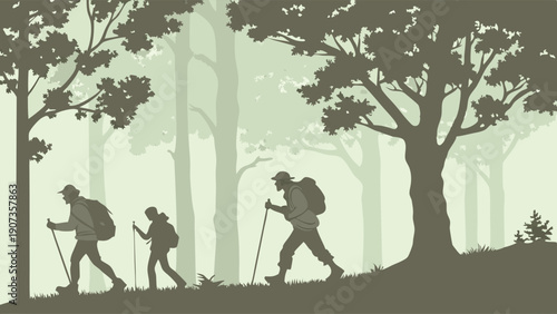 Silhouetted Hikers Trekking Uphill Through Misty Forest Trees for Adventure Travel Website Banners and Outdoor Fitness Promotion