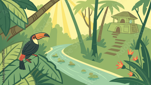 Vibrant Toucan in Lush Tropical Jungle Rainforest Scene for Travel Brochures and Nature Websites