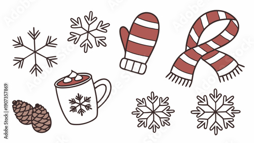 Cozy Winter Icons Set Hot Cocoa Snowflakes Mittens Scarf Pinecones for Holiday Greeting Cards Seasonal Blog Design