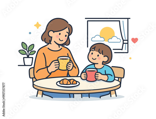 Peaceful family morning at home focused on gentle togetherness and a calm start to the day, an adult and child sitting together at a small kitchen table with