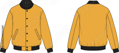 Varsity bomber jacket technical illustration front and back views, fashion outerwear design template, cad drawing flat vector isolated white background