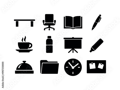 Business advisory strategy alignment meeting items in silhouette style: meeting table, chair, notebook, pen, coffee cup, water bottle, presentation board
