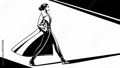 Confident Woman Model Striding Down Dramatic Runway in Long Trench Coat for Fashion Editorial or Cinematic Noir Scene
