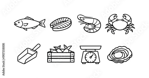 Fish market items: whole fish, fish fillet, shrimp, crab, oyster, ice scoop, fish crate, weighing scale
