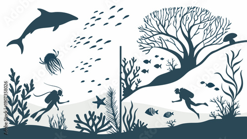 Underwater Scuba Divers Explore Vibrant Coral Reef Ecosystem with Dolphin and Sea Turtle for Nature Education and Travel Promotion