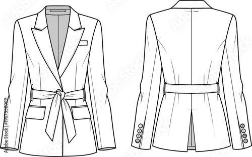 Women blazer technical illustration front and back views, belted tailored jacket fashion design template, flat vector isolated background white studio