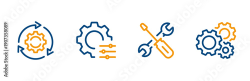 Settings icons, service, gears, tools, mechanism setup, line icon set