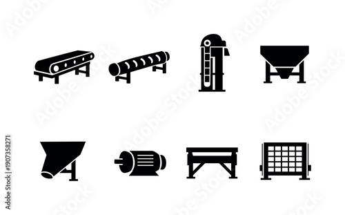 Industrial bulk material handling equipment: belt conveyor, screw conveyor, bucket elevator, feed hopper, discharge chute, drive motor, support frame, safety