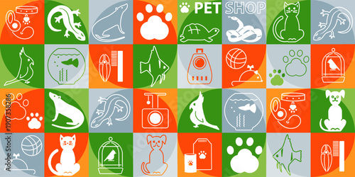 Geometric ornament with pictograms of pets and accessories, seamless pattern, background for a pet store, veterinary service.