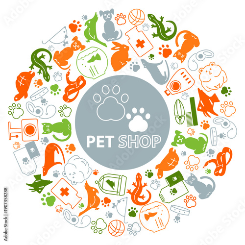 Round, colored ornament with pictograms of pets and accessories for a pet store, veterinary service.