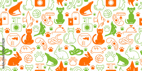 Seamless pattern with flat pictograms of pets and accessories for pet shop, veterinary clinics