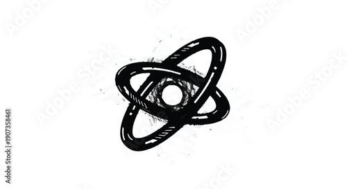 Black atom symbol icon illustration on white background, simple modern design element for science, chemistry, and physics concepts
