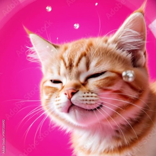 Cute Orange Tabby Cat Smiling with Floating Bubbles on Pink Background