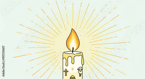 A serene illustration of a lit candle with a cross on it surrounded by warm rays of light on a soft green background easter