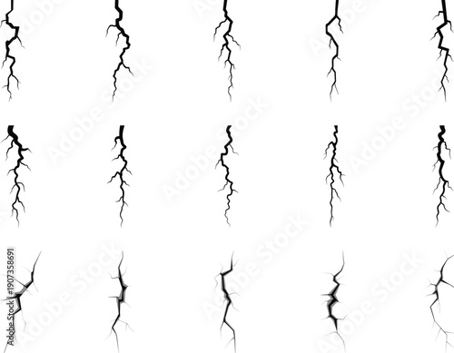 Black Wall Crack Icon Set with Earthquake Ground Fractures and Concrete Surface Damage Graphics for Destruction Effect and Disaster Repair Design