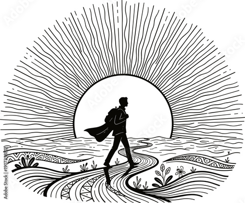 Stylized line drawing of a person walking towards a rising sun with copy space