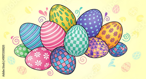 Colorful easter eggs with various patterns on a yellow background with easter decorations easter