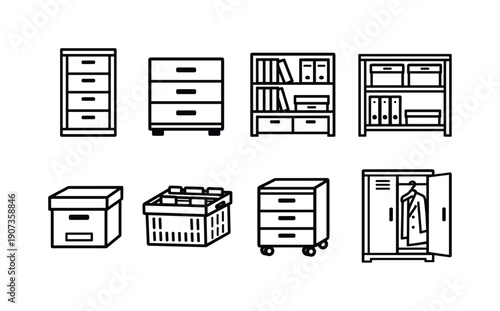 Professional office storage furniture: filing cabinet, drawer unit, bookshelf, storage shelf, archive box, document crate, mobile pedestal, coat locker