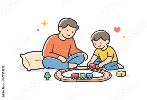 Cozy Train Time. Quiet family afternoon at home focused on shared presence and gentle everyday closeness, a parent and child sitting on the floor assembling a