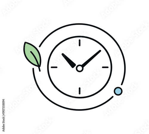 Healthy productivity rhythm and sustainable work pace in modern professional routines where energy is managed wisely, a clock combined with a small leaf and a