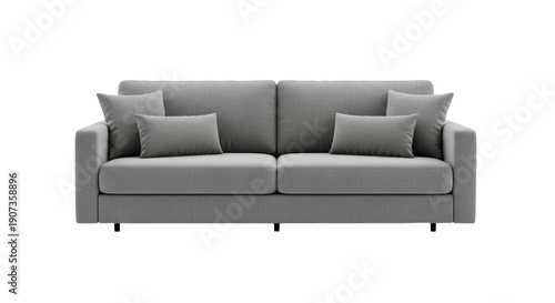 Obraz na plátně Modern gray sofa with pillows isolated PNG, comfortable couch for living room in