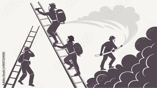 Firefighters Climbing Ladders Battling Intense Smoke and Flames for Safety and Emergency Response Web Design Graphics