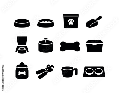 Home pet feeding station: pet bowl, water bowl, food container, scoop, automatic feeder, water fountain, placemat, storage bin, treat jar, can opener, measuring