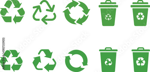 Green Recycle Symbol Set with Universal Waste Management Icons and Eco Friendly Trash Can Graphics for Sustainable Environmental Branding and Conservation