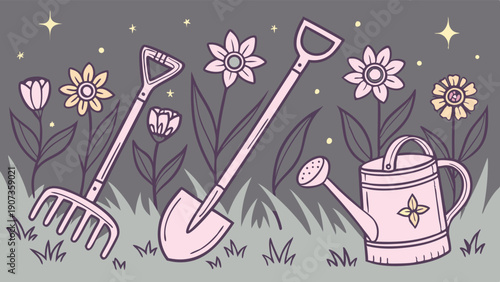 Pastel Garden Tools Rake Shovel Watering Can Among Blooming Flowers for Spring Gardening Website Design or Home Decor Promotion