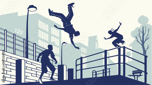 Dynamic Urban Youth Parkour Athletes Jumping and Flipping Over City Railings for Sports Fitness Advertising and Lifestyle Web Design