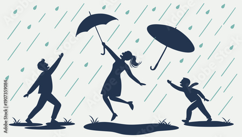 Joyful Family Silhouette Playing in Rain with Umbrellas Celebrating Summer Storm Fun for Web Design or Lifestyle Ads