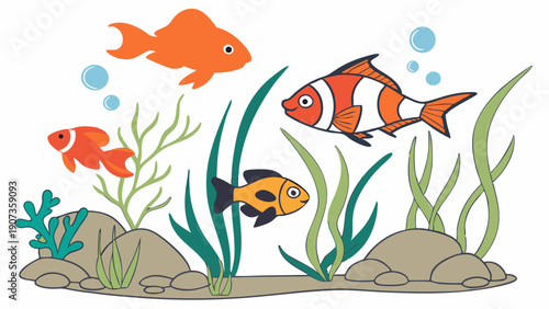 Vibrant Aquarium Scene With Colorful Tropical Fish Swimming Among Green Aquatic Plants For Children Education And Pet Store Design