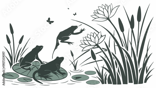 Frogs Leaping and Sitting on Lily Pads in Serene Pond with Cattails and Water Lilies for Nature Websites or Children's Book Illustration