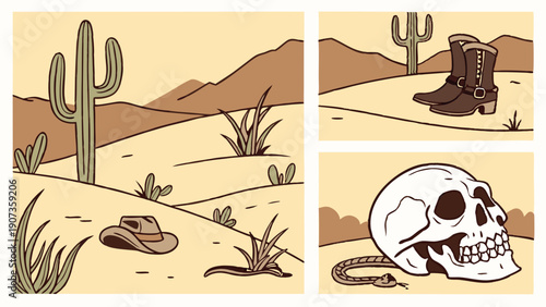 Desert Western Scene With Cowboy Hat Boots And Snake Skull Illustrating Danger And Survival For Adventure Storytelling
