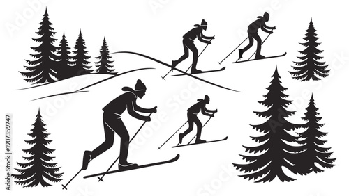 Dynamic Silhouette Group Cross Country Skiing Down Snowy Hillside for Winter Sports Advertising and Outdoor Recreation Websites