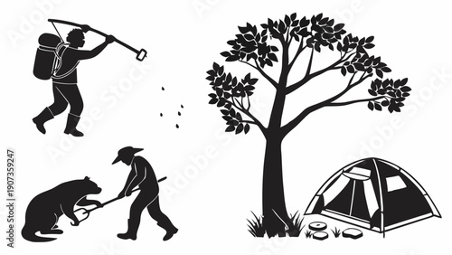 Wildlife Camping Safety Icons Bear Encounter Tent Setup Backcountry Survival Adventure Guide Illustration