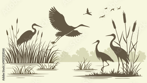 Heron and Egret Wildlife Silhouette in Marshland for Nature Brochures Travel Websites Calm Wetland Scene