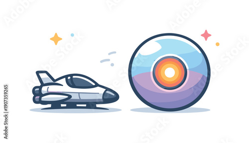 Cosmic Potential Awaits. Dormant potential and ideas waiting for activation framed as cosmic stillness before motion, a powered down spacecraft beside a planet