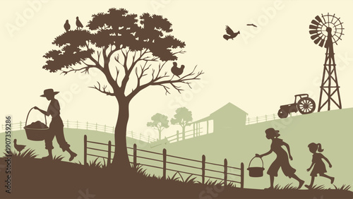 Rustic Farm Life Silhouette of Family Gathering Harvest by Windmill Tractor for Agriculture and Country Living Design