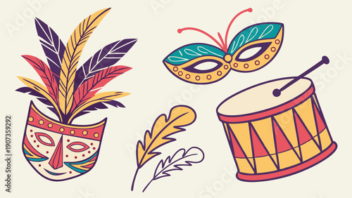 Vibrant Carnival Mardi Gras Mask Feather Headdress Drum Illustration for Festive Party Celebration Design Projects