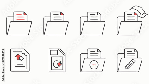 File Folder Icon Set for Document Management Upload Download Edit Storage Organization Interface Design Elements