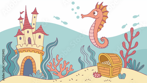 Underwater Fantasy Scene with Cute Seahorse, Sunken Treasure Chest, and Sand Castle for Children's Book Illustration or Game Design