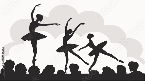 Silhouette of Graceful Ballerinas Performing Ballet Dance on Stage for Audience Event Promotion or Arts Education Design