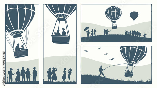 Vintage Hot Air Balloon Ascending with Spectators Watching Outdoor Adventure Travel Landing Illustration