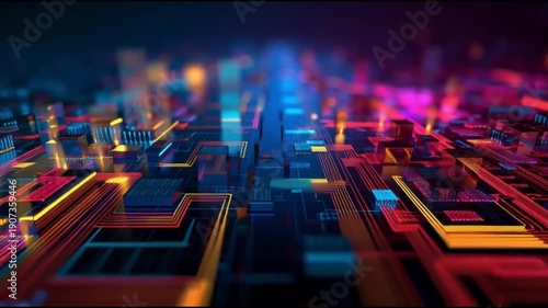 Vibrant circuit board with colorful neon lights and blurred background