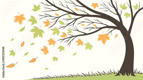 Autumn Wind Blows Orange and Green Maple Leaves Off Bare Tree Branches for Seasonal Weather Change Design